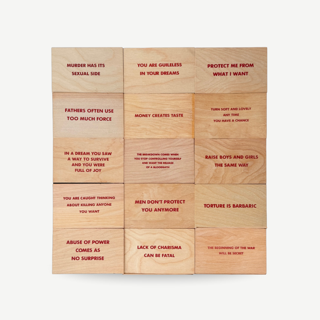 Original wood art tile by Jenny Holzer featuring red printed text, available for sale